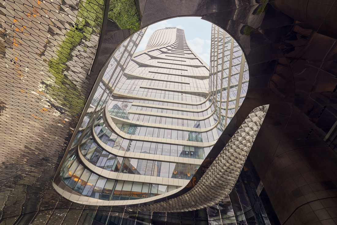 A view of the Conrad Hangzhou through an open courtyard